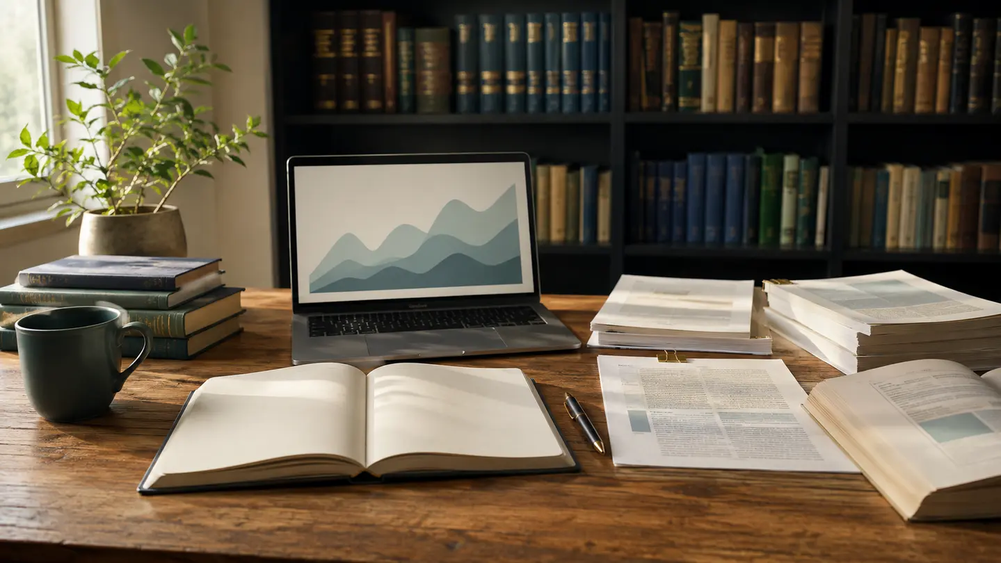 Evidence review desk with clinical research, notes, and source-checking materials