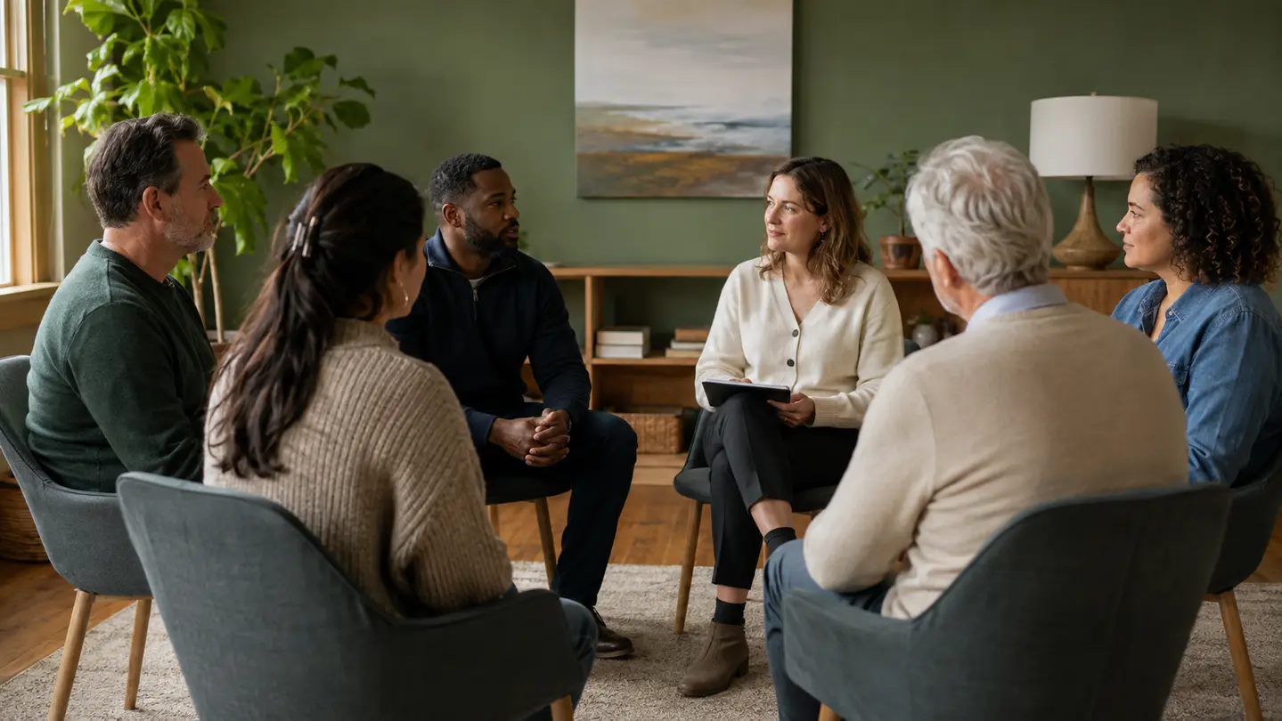 Professionally facilitated group therapy session in a comfortable treatment room