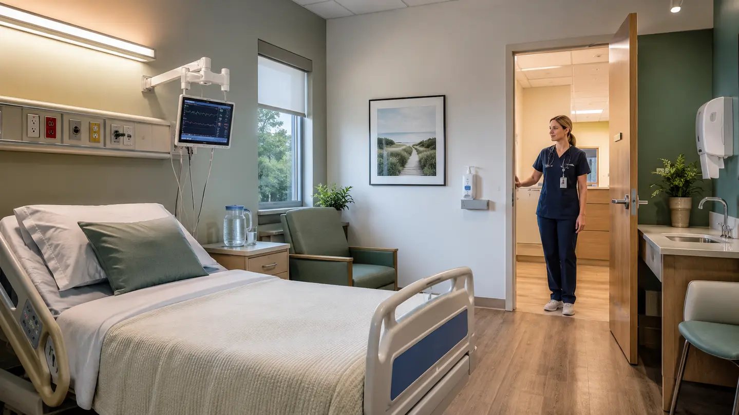 Quiet medically monitored detox room prepared for withdrawal assessment and nursing support