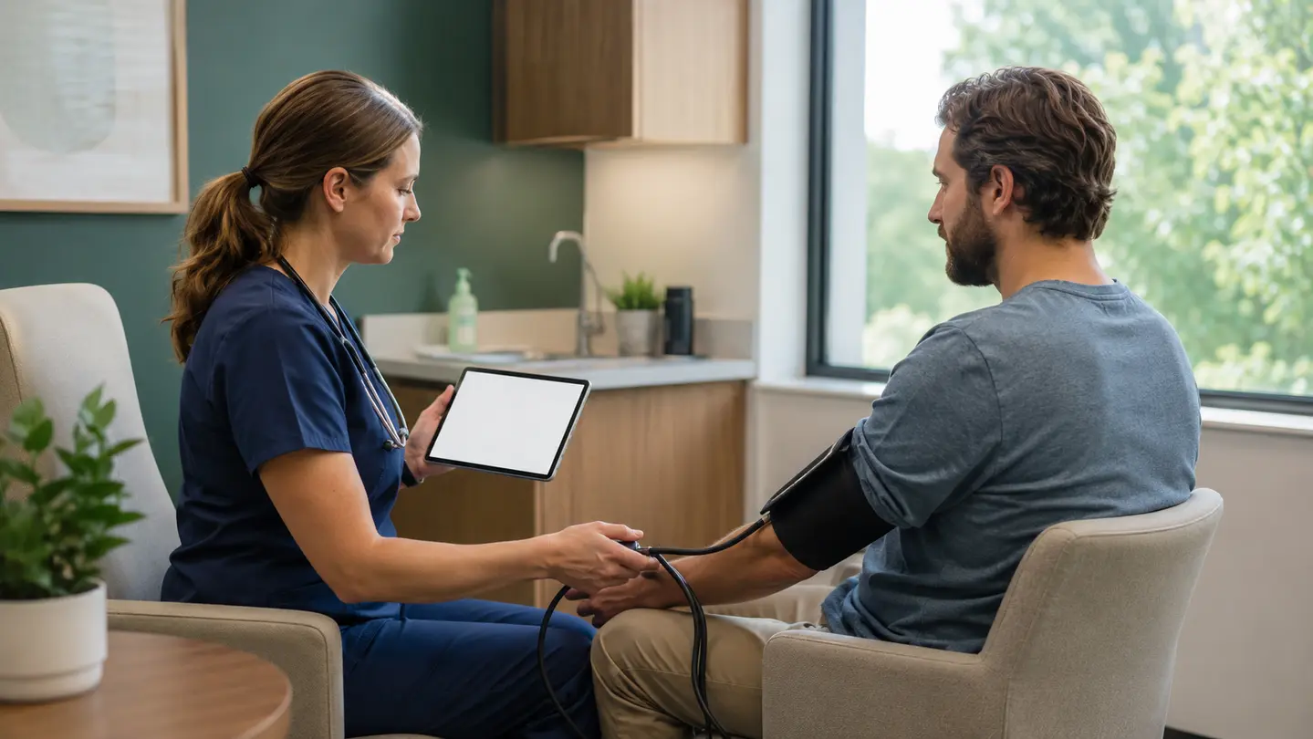 Nurse preparing a private intake and vital signs assessment in a treatment setting