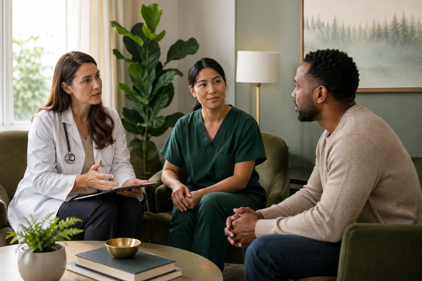 A physician and nurse discussing safe alcohol treatment planning for people researching alcohol rehab centers in delaware